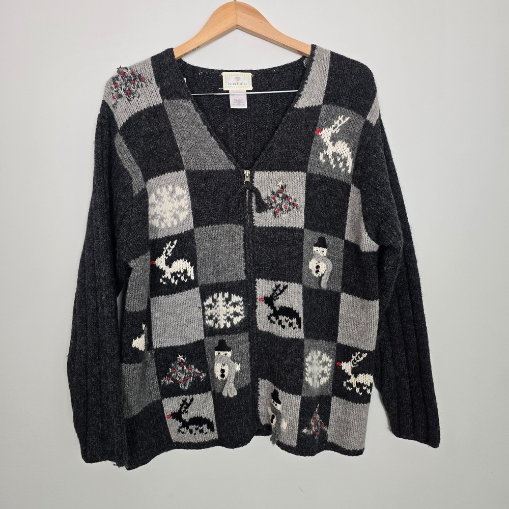 VTG Susan Bristol Womens Wool Christmas Cardigan Sz XL Black Grannycore Novelty
